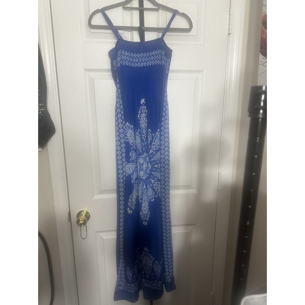 Just Love Blue White Boho Maxi Dress Women’s Size M Smocked Sleeveless Sundress